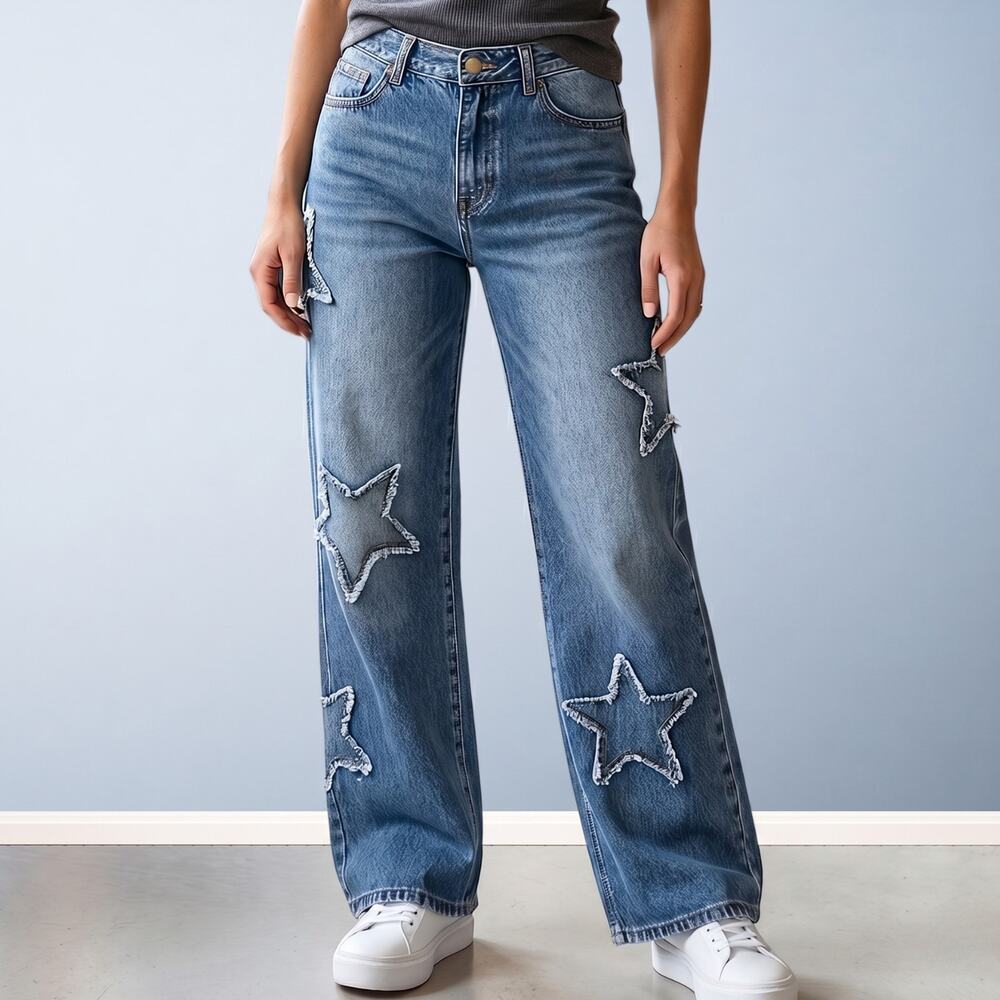 Disclosure Y2K Wide Leg Distressed Star Patch Denim Jeans Medium Wash 27
